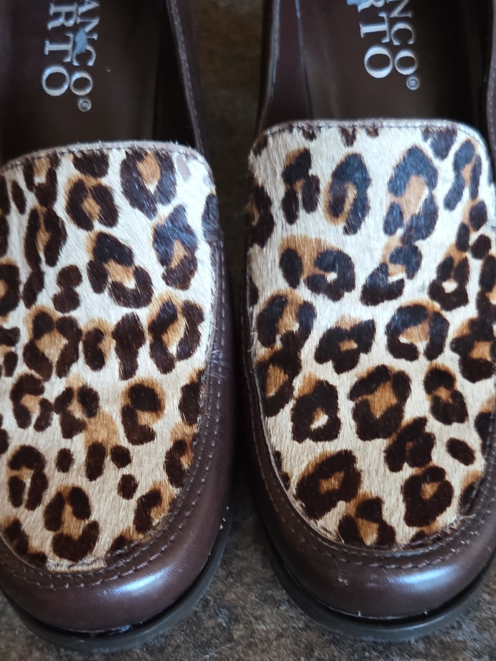Franco Sarto Leopard Print Penny Loafers in Brown and Cream